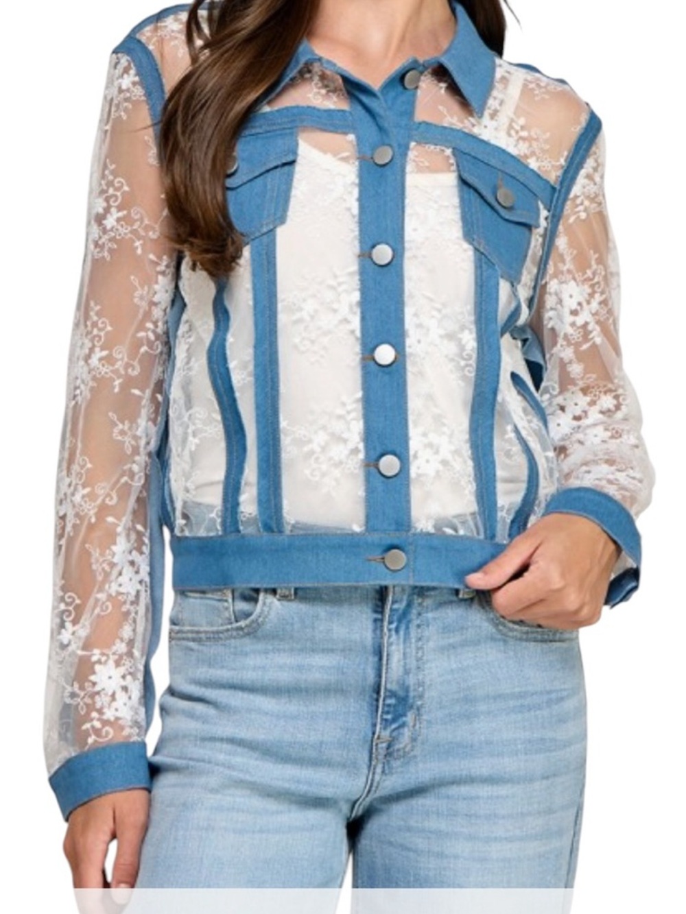 Denim & Lace Embroidered Floral Light Weight Jacket